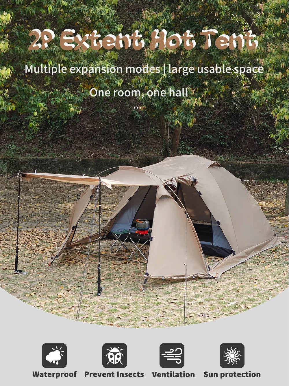 Fireproof Hot Tent for 2 People – Waterproof Extend Dome with Stove Jack & Snow Skirt, 4-Season Camping, Hiking, Hunting Winter Shelter