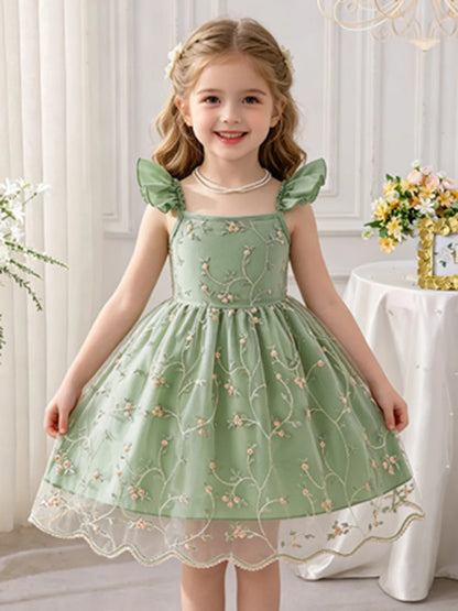 Girls’ Green Floral Tulle Princess Dress - Flutter Sleeve Puffy Skirt Summer Party Dress