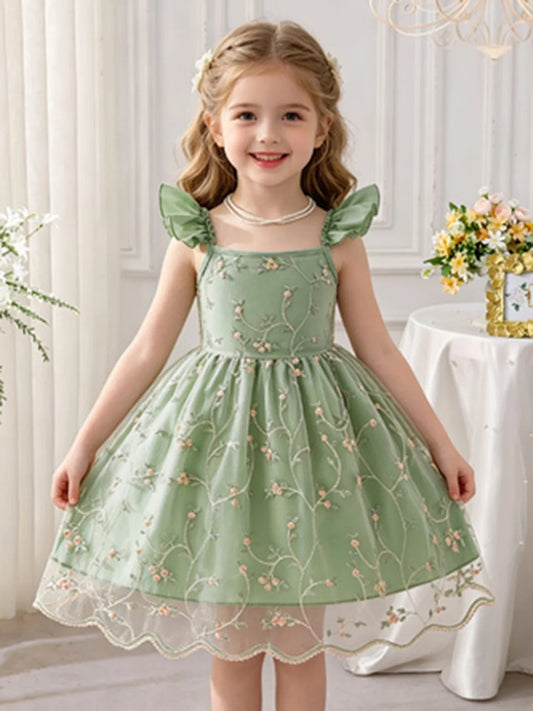 Girls’ Green Floral Tulle Princess Dress - Flutter Sleeve Puffy Skirt Summer Party Dress