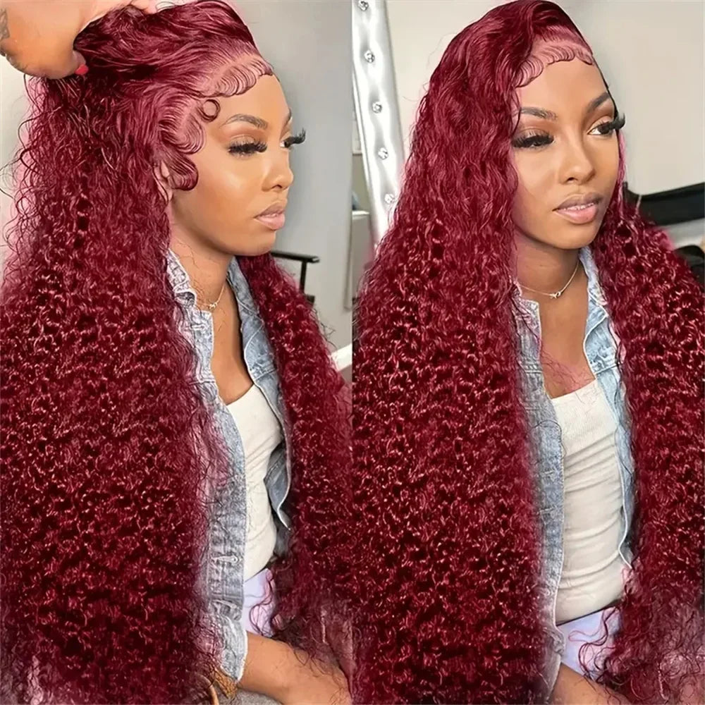 13x4/13x6 Burgundy Deep Wave Frontal Wig – HD Colored 99J Red Curly Human Hair Lace Front for Black Women