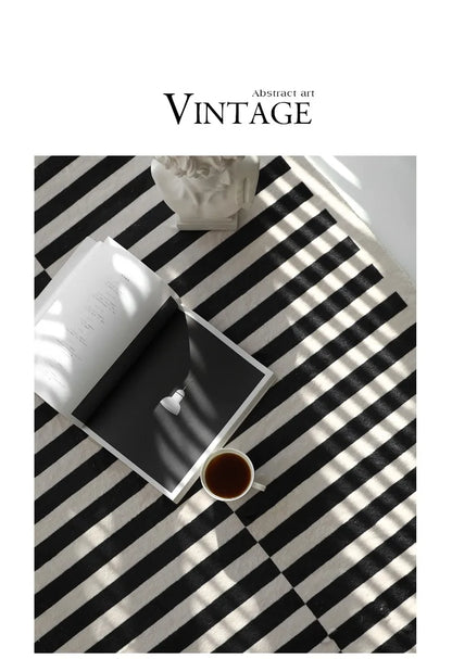 Light Luxury Black & White Plaid Rug — Fluffy Soft Carpet for Bedroom, Living Room, Study, and Home Decor