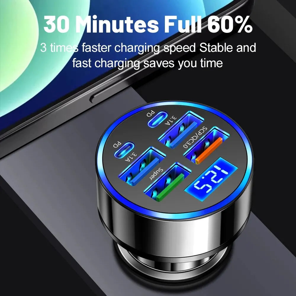 100W 6 Ports Car Charger: Fast Charging PD QC3.0 USB C Car Phone Adapter for iPhone Samsung Huawei Xiaomi - Type C Compatible