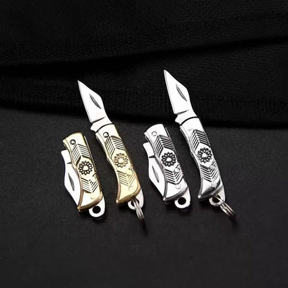 Mini Brass Knife Keychain - Stainless Steel Folding Cleaver Pendant Pocket Tool