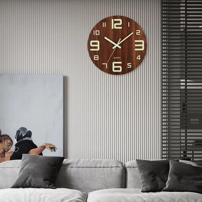 12-Inch Luminous Wall Clock — Nordic Wooden Silent Clock with Night Light, Non-Ticking Design for Dark Room