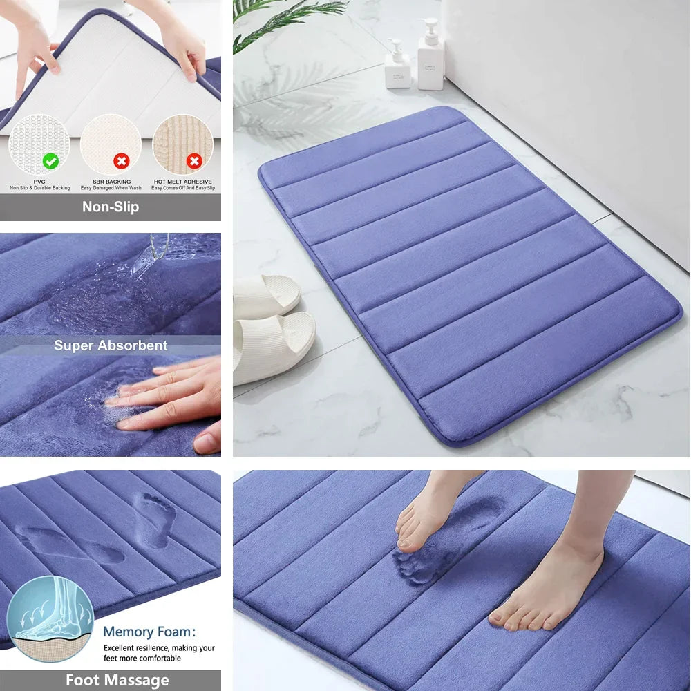 Non-Slip Grey Memory Foam Bath Mat Set – Soft, Water Absorbent, Quick-Drying, Machine Washable Bathroom Rugs for Home Floor