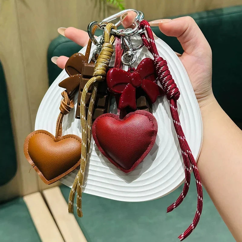 Kawaii Heart Leather Keychain - Trendy Chocolate Pendant Bag Charm Decorative Accessory