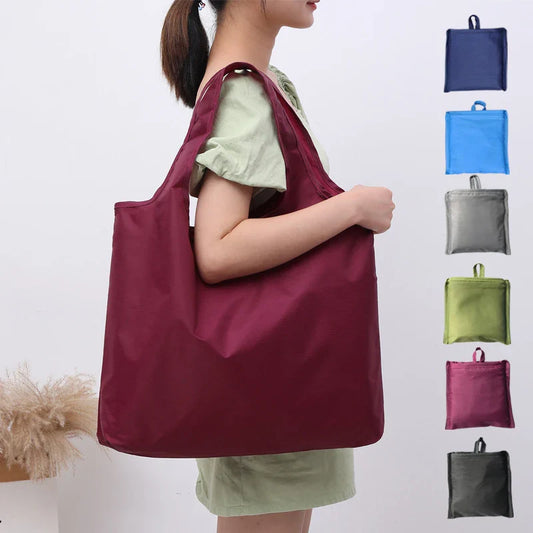 BIG Eco-Friendly Folding Shopping Bag - Reusable Portable Shoulder Handbag for Travel & Grocery, Simple Solid Color Design