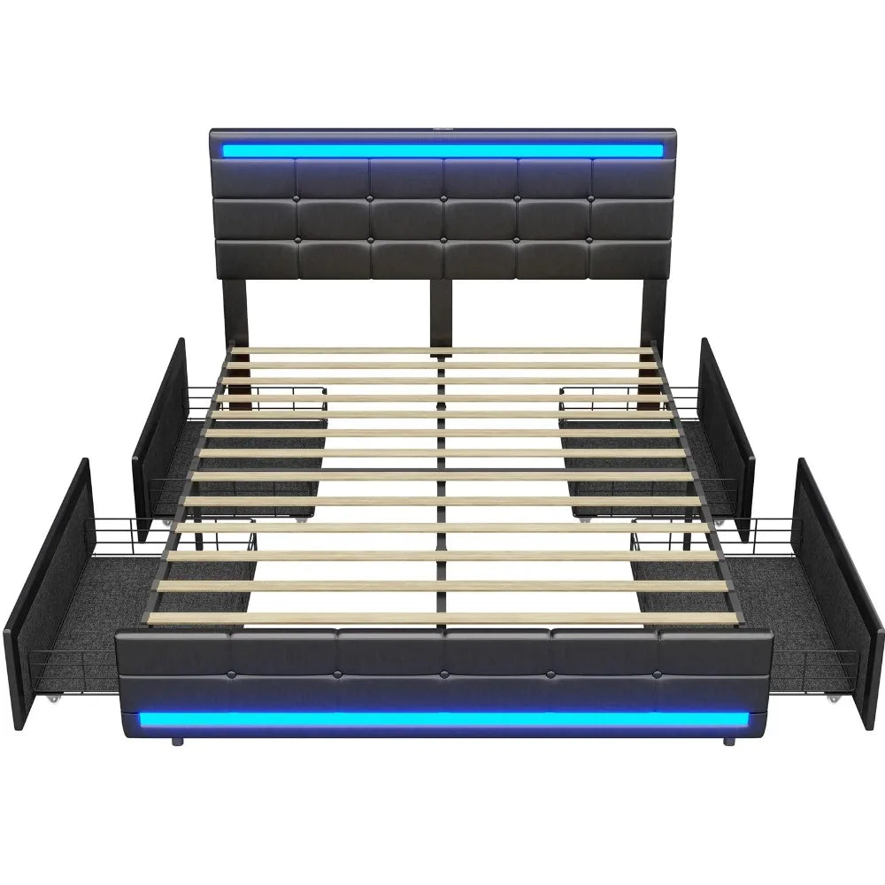 LED Full Size Bed Frame – Upholstered Platform Bed with Light-Up Headboard & Footboard, Square Stitched Tufted Design