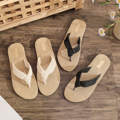 Women’s Beach Flip Flops - Flat Thong Sandals with Imitation Hemp Rope Design