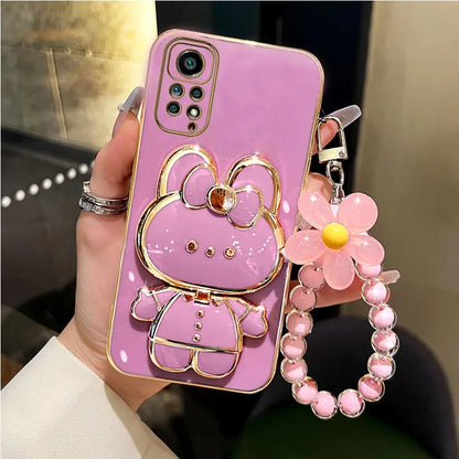 Mirror Rabbit Flower Strap Case for Xiaomi Redmi Note 11 / 12 / 10 / 9 Series – Pro Max Stand Phone Cover with Decorative Strap & Protective Design