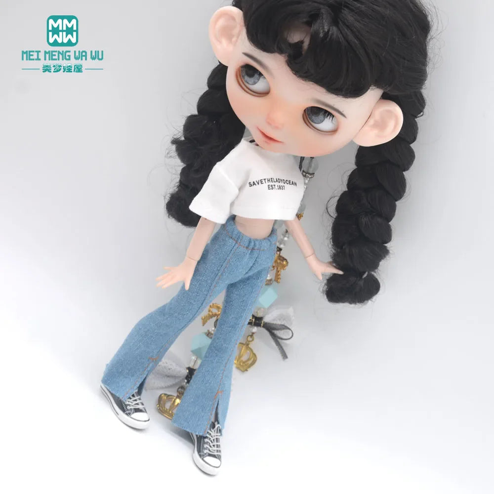 Blythe Doll Clothes – Fashion Tops, Black & White Shirts with Jeans & Plaid Pants for Azone OB22/OB24 Dolls
