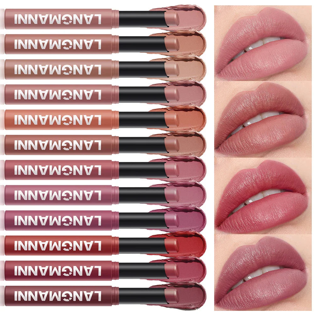 12-Color Matte Lipstick Pencil – Waterproof, Long-Lasting Non-Stick Lip Stain Tint Nude Makeup Pen