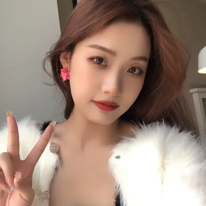 Modern 925 Silver Red Flower Stud Earrings — Spring/Summer Popular Big Earrings for Women & Girls, Fashion Jewelry Gift