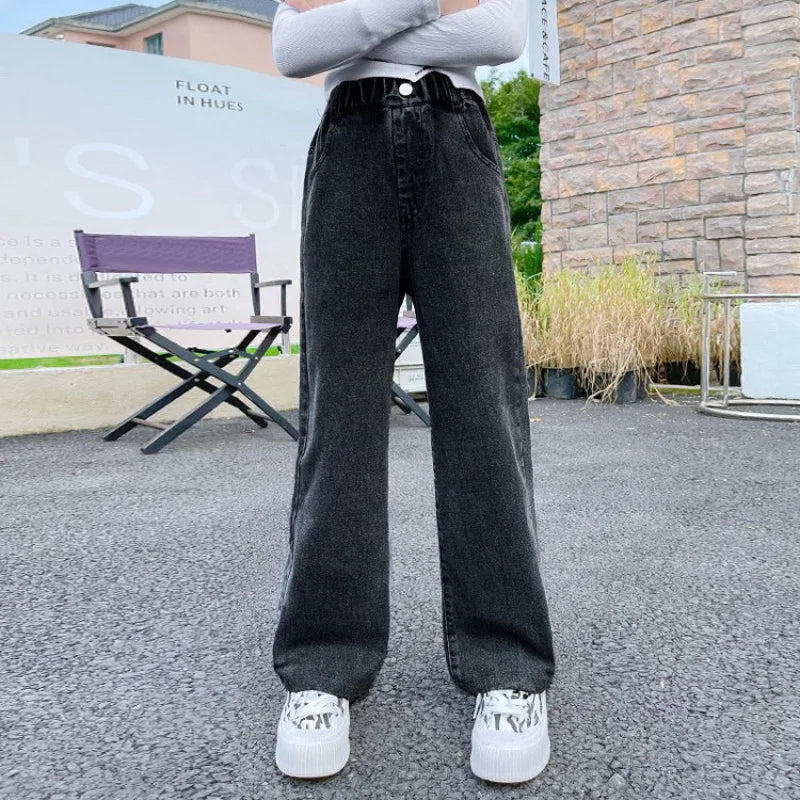 New 2024 Teenage Girls’ Blue Street Cartoon Jeans – Elastic Mid-Waist Loose Wide-Leg Denim Pants for Spring Fashion