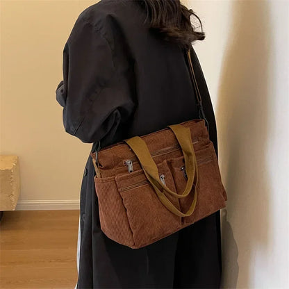 Corduroy Messenger Bag - Large Capacity Multi-Layer Shoulder Tote for Commuting & Camping