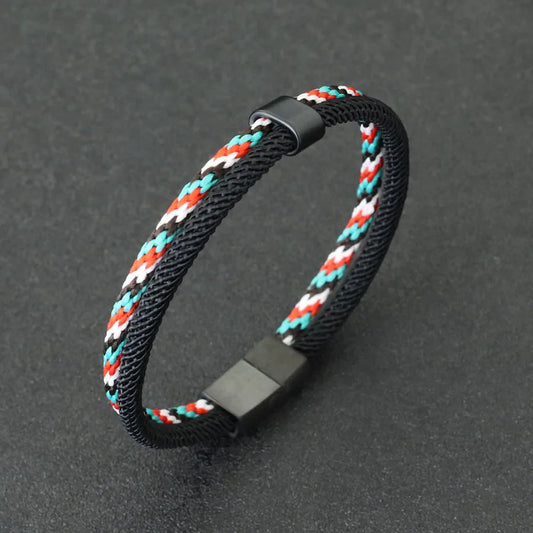 Stylish Men's Paracord Bracelet – Bicolor Thread Bangle with Stainless Steel Magnetic Buckle, Outdoor & Nautical Wrap