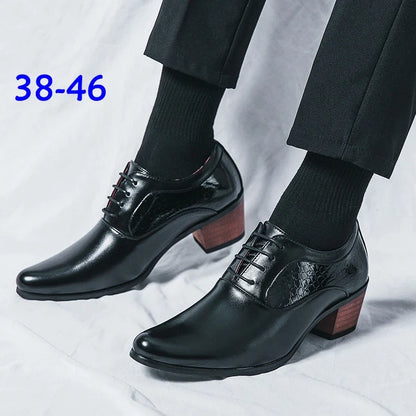 Men’s Pointed High Heel Leather Shoes - British Business Wedding Dress Shoes with Height-Increasing Design