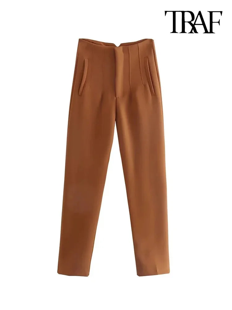 TRAF Women's Fashion Pants with Pockets: Casual Solid Ankle Trousers, Vintage High Waist Zipper Fly - Pantalones Mujer