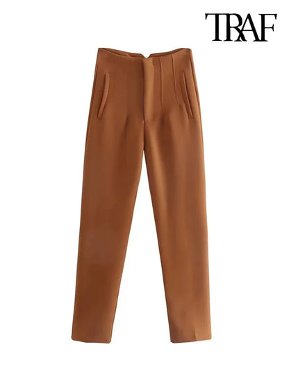 TRAF Women's Fashion Pants with Pockets: Casual Solid Ankle Trousers, Vintage High Waist Zipper Fly - Pantalones Mujer