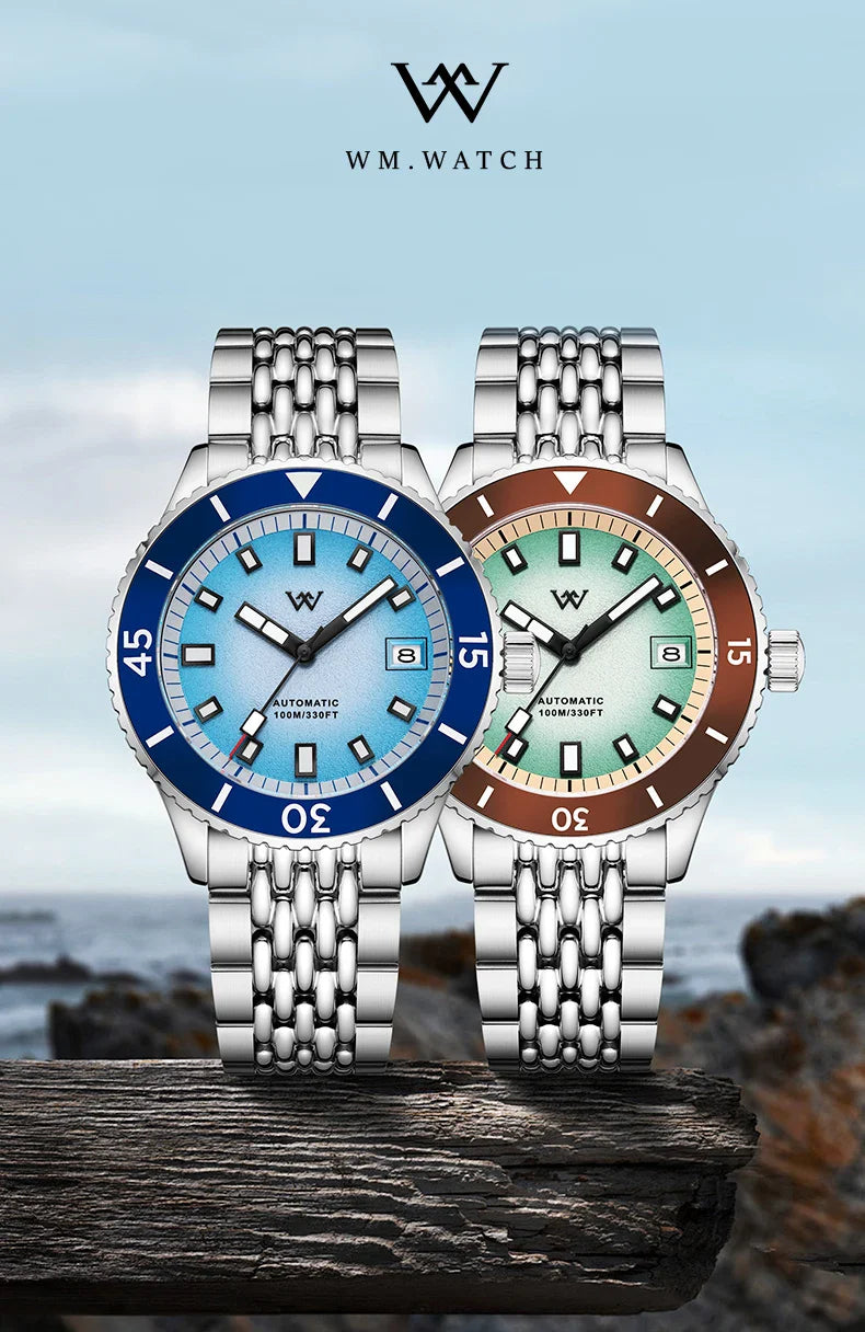 WM Welly Merck Automatic Mechanical Watch for Men — Sparkle Grain Gradient Dial, Ceramic Bezel, NH35, AR Coating, 100M WM212