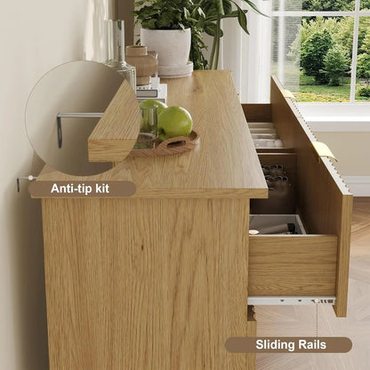 53" 6-Drawer Fluted Wood Dresser – Natural Oak Chest with Metal Handles for Bedroom, Living Room & Entryway Storage (Customizable)