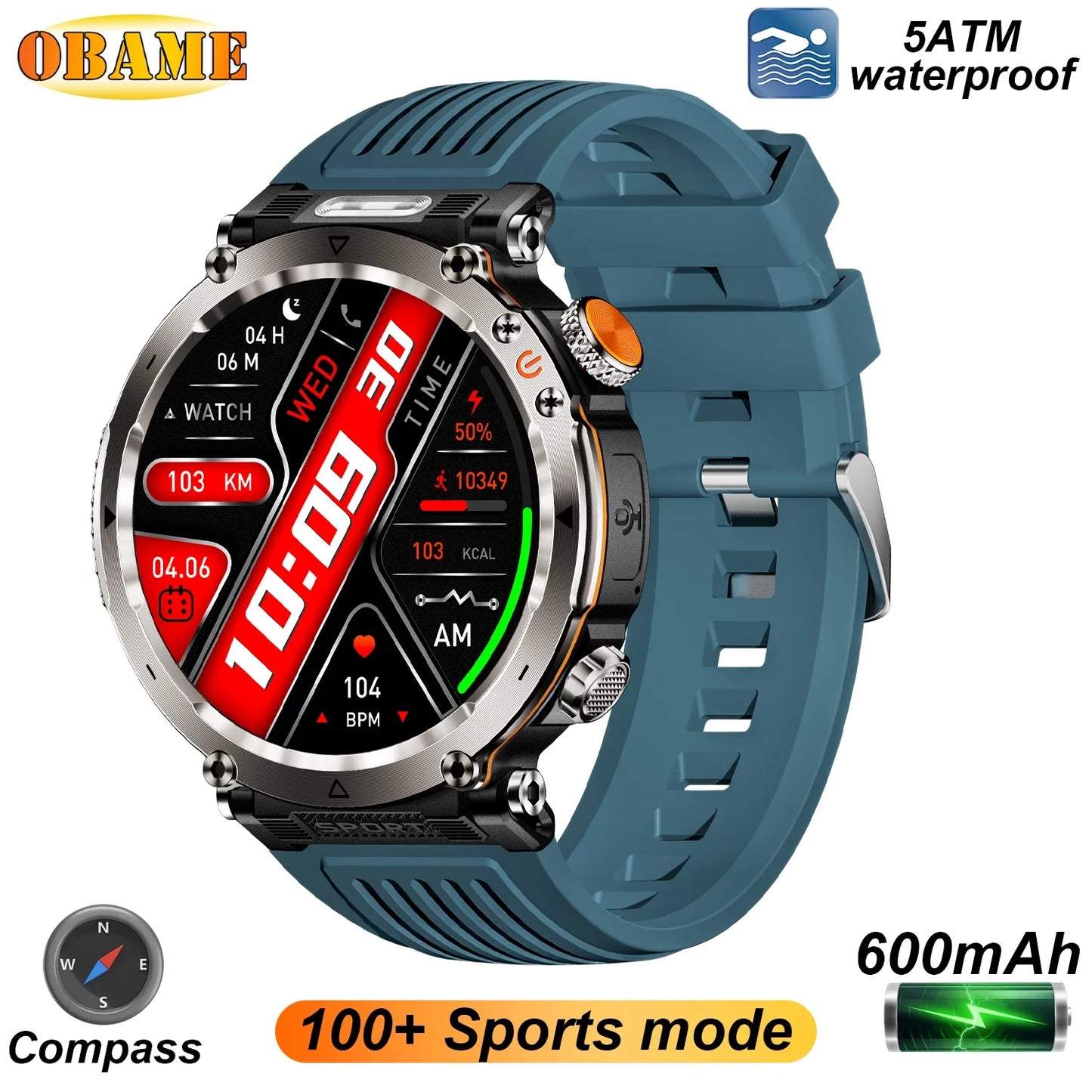2025 5ATM Outdoor Smartwatch for Men – 600mAh Battery, LED Flashlight, Compass, Bluetooth Call, Heart Rate, IP68 Sports Watch