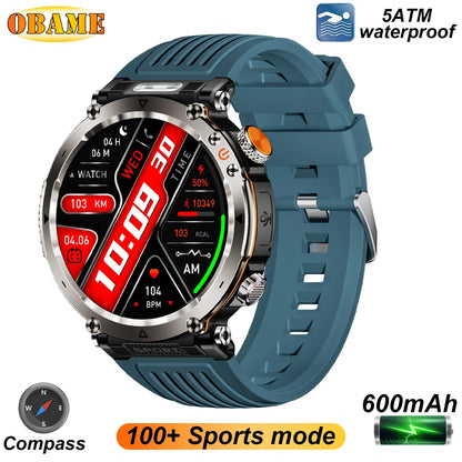 2025 5ATM Outdoor Smartwatch for Men – 600mAh Battery, LED Flashlight, Compass, Bluetooth Call, Heart Rate, IP68 Sports Watch