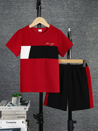 2pcs Boys Casual Colorblock T-Shirt & Shorts Set – Comfortable Summer Kids Clothes