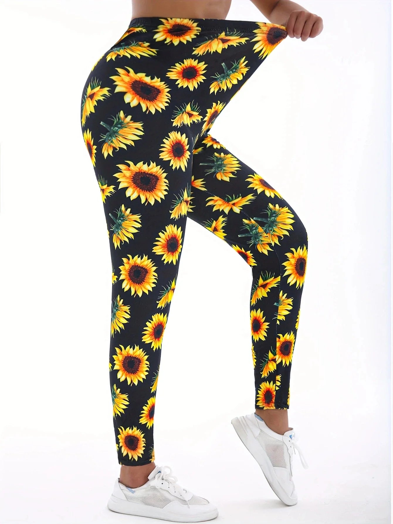 Sunflower Printed Leggings - High-Stretch Denim Style Pants for Fitness, Yoga & Casual Wear