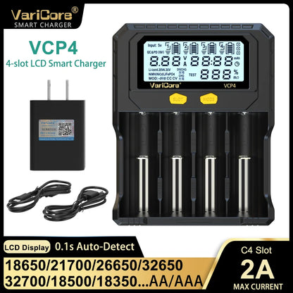 VariCore VCR4/VCP4 LCD Smart Battery Charger – Capacity Tester for 3.7V Li-Ion (18650, 21700, 26650), 3.2V LiFePO4 (32700), and 1.2V Ni-MH (AA/AAA)