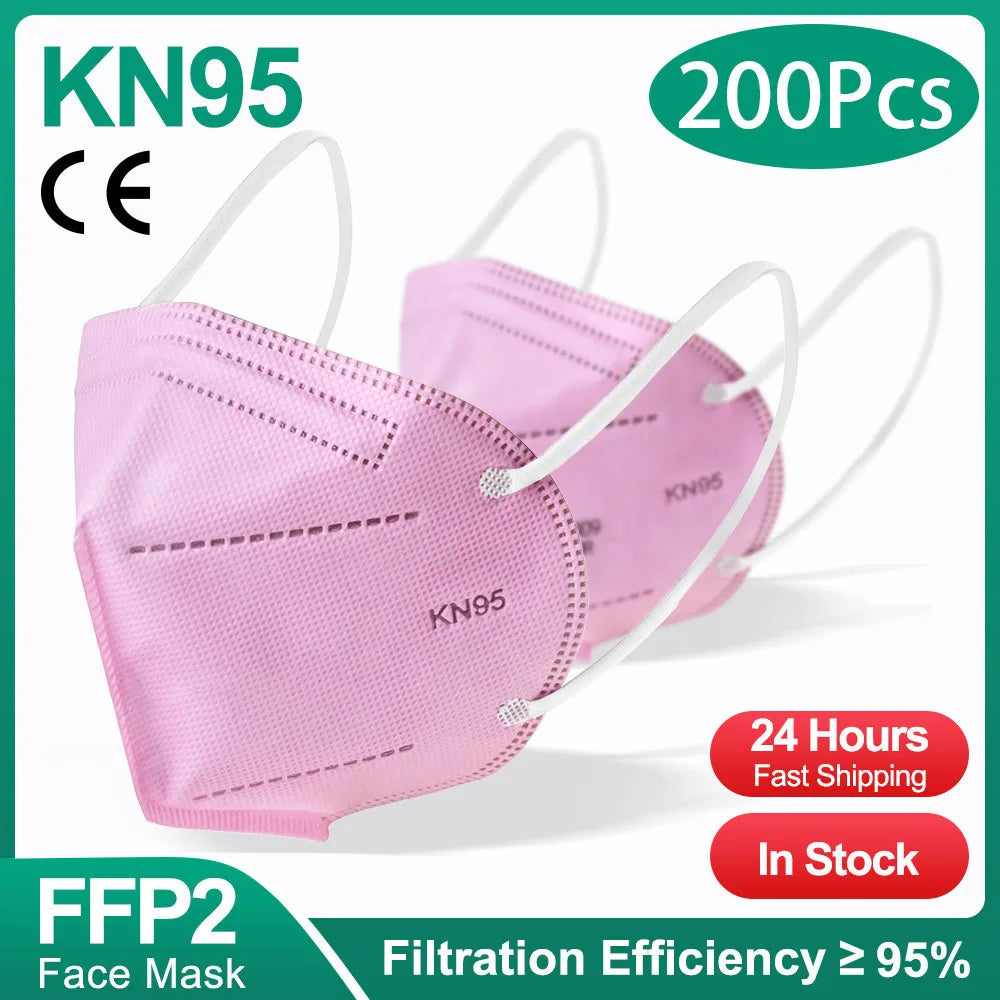 10-200pcs FFP2 KN95 Face Masks – 5-Layer Reusable Black Surgical Mask, Certified Protective Mascarillas