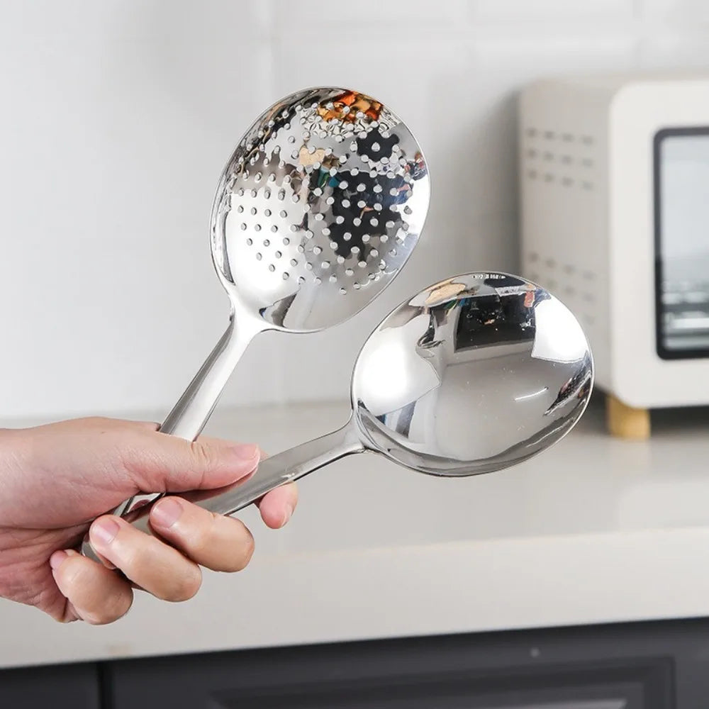 Large Stainless Steel Round Spoon — Big Head Rice Serving Spoon with Drain Holes, Heat-Resistant Kitchen Utensil