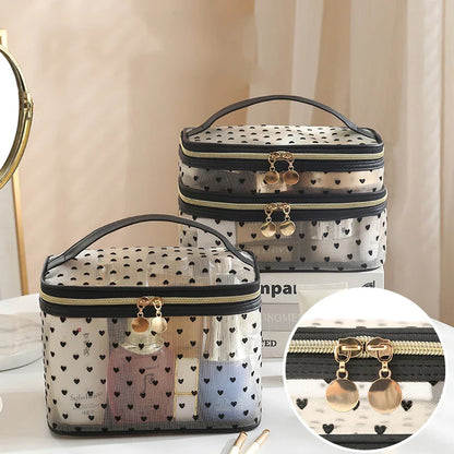 Double-Layer Black Mesh Cosmetic Bag – Large Capacity Travel Makeup Case Organizer with Zipper Toiletry Pouch