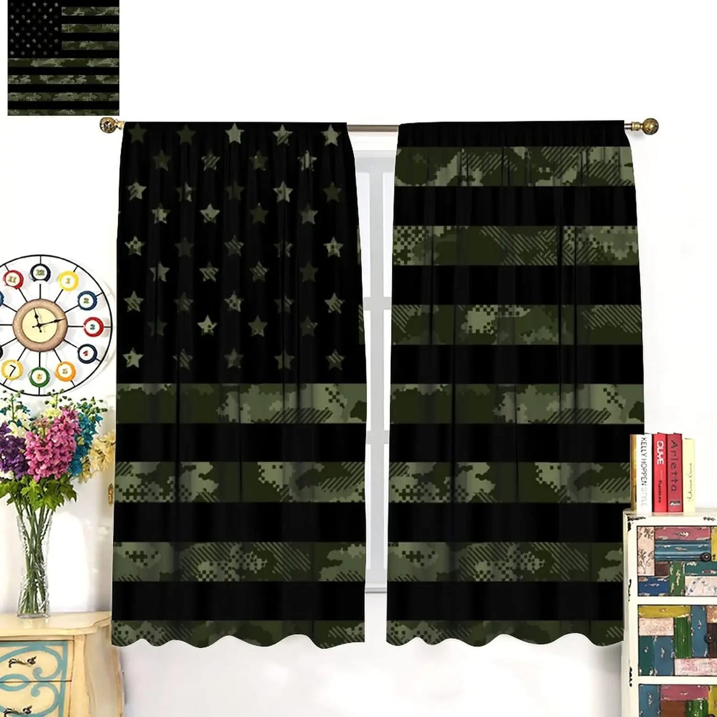 Flag Blackout Curtains – Rustic Green Camo Military USA Flag with Vintage Black Stripes and Thermal Insulation