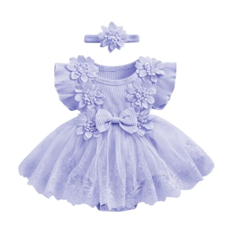 3D Flower Baby Girls’ Romper - Princess Mesh Lace Ruffle Bodysuit Dress with Headband