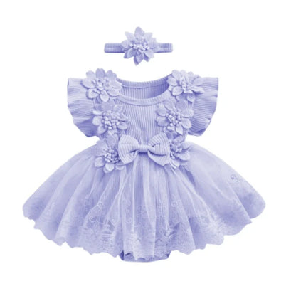3D Flower Baby Girls’ Romper - Princess Mesh Lace Ruffle Bodysuit Dress with Headband