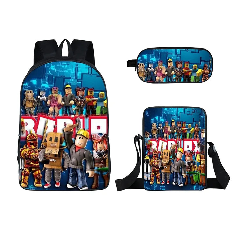 Kids Roblox 3-in-1 Backpack Set — School Bookbag, Shoulder Bag & Pencil Case Waterproof Travel Bag for Teens