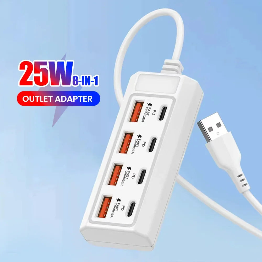 8-in-1 USB Power Outlet Adapter - 25W Fast Charging Docking Station with USB Splitter & Extension Socket