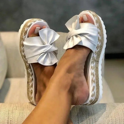 Women's Bowknot Woven Wedge Sandals - Comfortable Non-Slip Summer Beach Shoes