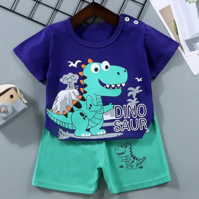 Kid Boy Summer 2-Piece Set – Soft Cotton Short Sleeve Tee & Stripe Shorts with Cartoon Zebra Print, Casual Sportswear for Ages 1-6