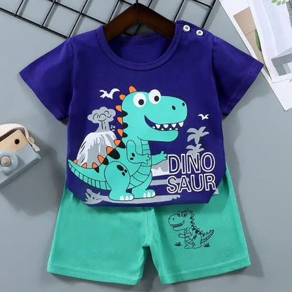 Kid Boy Summer 2-Piece Set – Soft Cotton Short Sleeve Tee & Stripe Shorts with Cartoon Zebra Print, Casual Sportswear for Ages 1-6