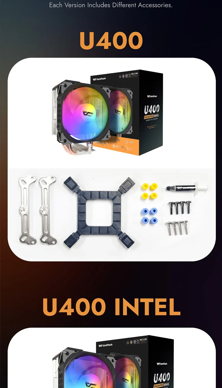 Darkflash U400 ARGB CPU Cooler — 4 Heat Pipe 120mm PWM Air Cooler for Intel LGA 115X/1200/1700 & AMD AM4/AM5