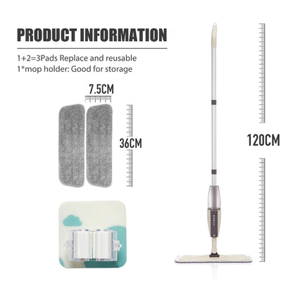 Spray Mop Broom Set — Magic Flat Mop with Rotating Head, Reusable Microfiber Pads for Home Floor Cleaning
