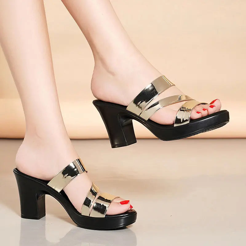 Summer Women’s High-Heeled Slippers – Thick Heel Fish Mouth Sandals, All-Match Casual Luxury Shoes