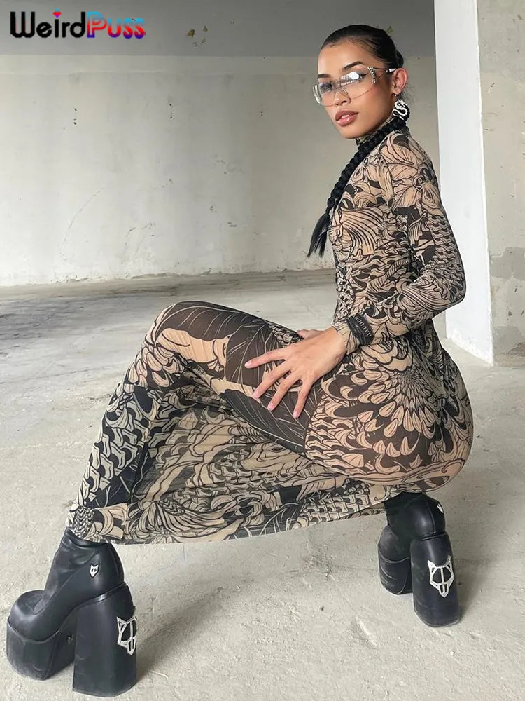 Mesh Print Women's Maxi Dress: Weird Puss Pattern, Turtleneck, Full Sleeve - Autumn Trendy Hipsters High Street Party Y2K Attirewear