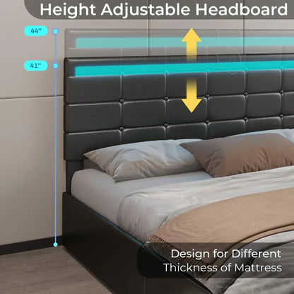 LED Full Size Bed Frame – Upholstered Platform Bed with Light-Up Headboard & Footboard, Square Stitched Tufted Design