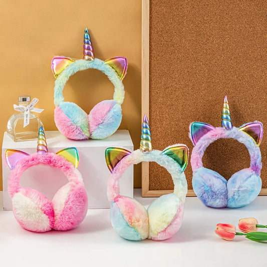 Colorful Unicorn Plush Earflap Earmuffs for Kids - Soft, Fluffy, Warm Winter Hat with Cute Cat Ears and Tie-Dye Fur