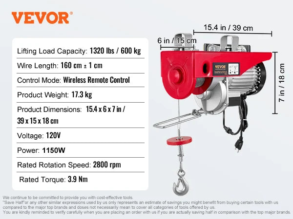 VEVOR 200–800kg Electric Hoist – Cable Winch Lifting Crane with Wired/Wireless Remote for Boat, Car, Garage & Elevator