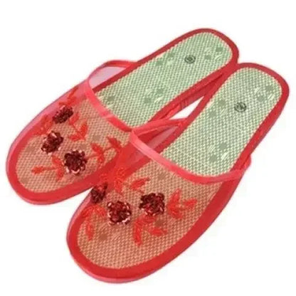 Women’s Sequin Mesh Indoor Slippers – Summer Hollow Flat Beach Flip Flops with Creative Flower Design
