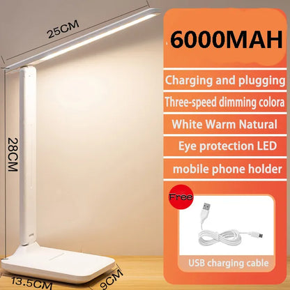 6000mAh Chargeable LED Table Lamp - USB 3 Color Stepless Dimmable Desk Lamp, Touch Foldable, Eye Protection Reading Night Light